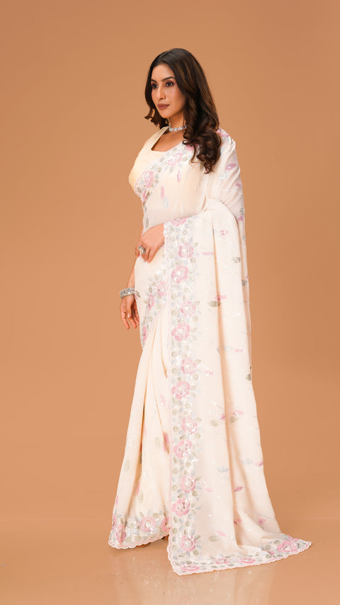 Stunning Cream Saree with Threadwork & Sequins