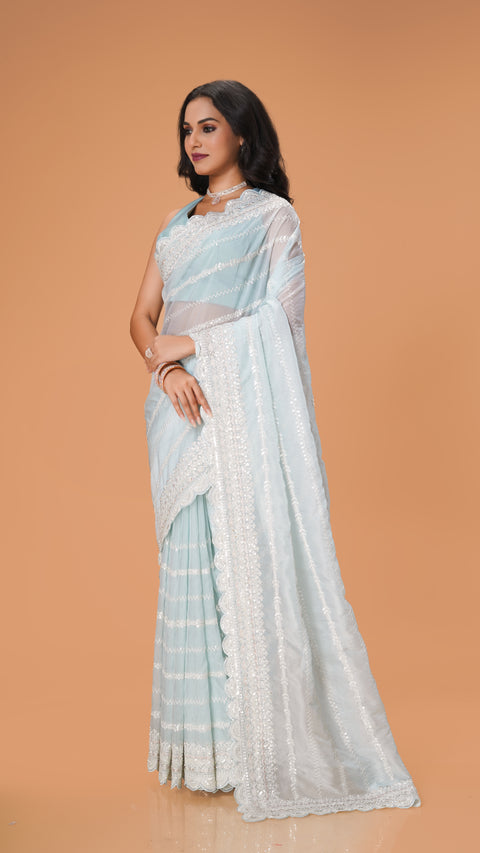 Sky Blue Sequin Designer Saree with White Sparkle Stones