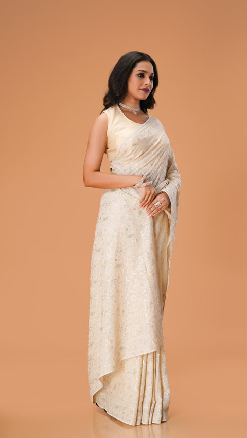 Graceful Cream Georgette Saree with Elegant Lucknowi Threadwork