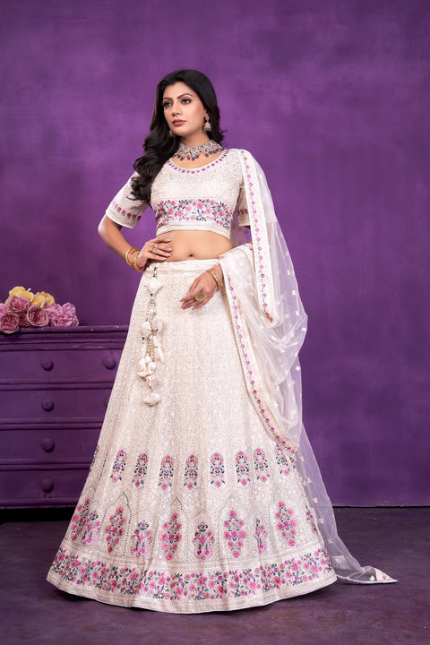 Cream White Lehenga in Resam