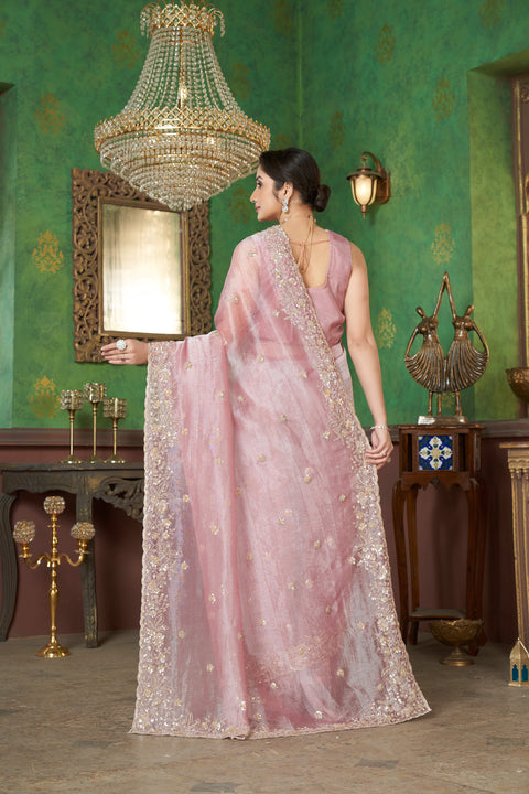 Glowing Pink Organza Saree with Sparkling Beads & Sequins