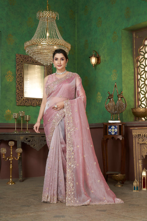 Glowing Pink Organza Saree with Sparkling Beads & Sequins