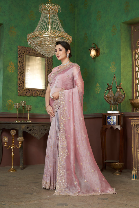 Glowing Pink Organza Saree with Sparkling Beads & Sequins