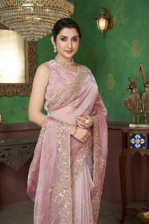 Glowing Pink Organza Saree with Sparkling Beads & Sequins