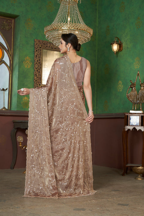 Dusty Beige Organza Saree with Golden Beads & Sequins