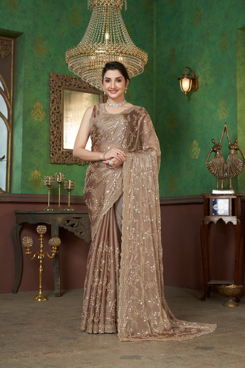 Dusty Beige Organza Saree with Golden Beads & Sequins