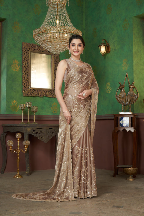 Dusty Beige Organza Saree with Golden Beads & Sequins