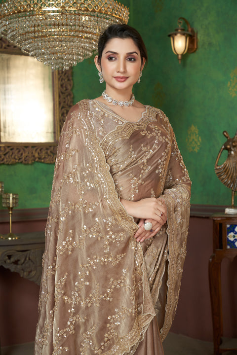 Dusty Beige Organza Saree with Golden Beads & Sequins