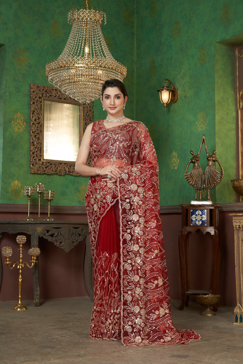 Crimson Red Net Saree  – A Mesmerizing Masterpiece!