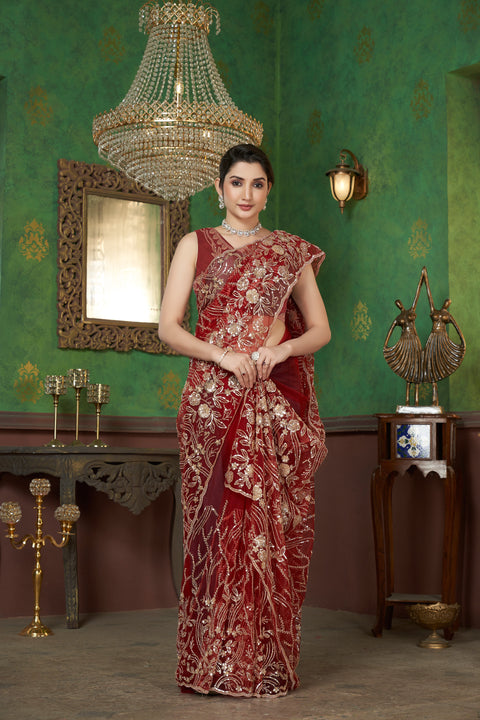 Crimson Red Net Saree  – A Mesmerizing Masterpiece!