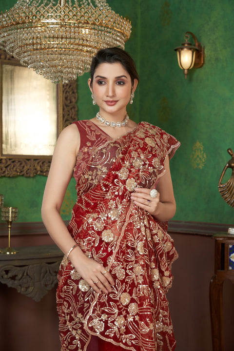 Crimson Red Net Saree  – A Mesmerizing Masterpiece!