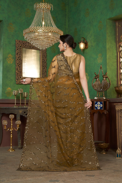 Royal Mustard Yellow Net Saree with Golden Glow
