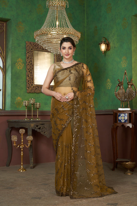 Royal Mustard Yellow Net Saree with Golden Glow