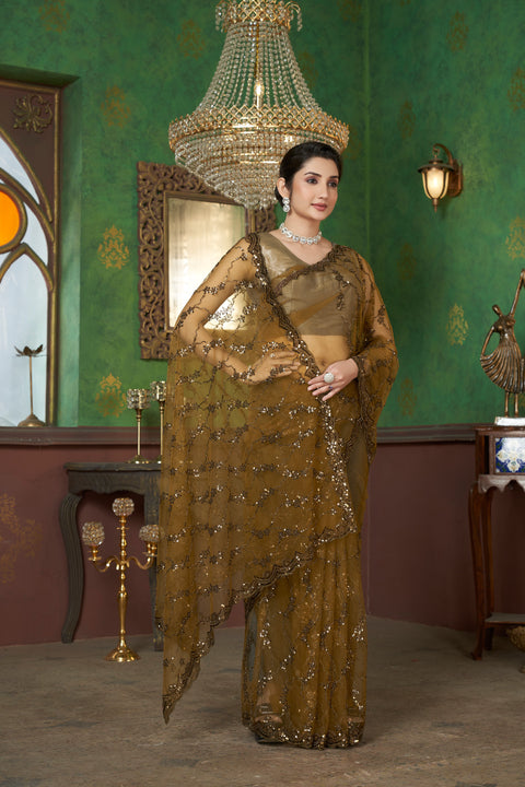 Royal Mustard Yellow Net Saree with Golden Glow