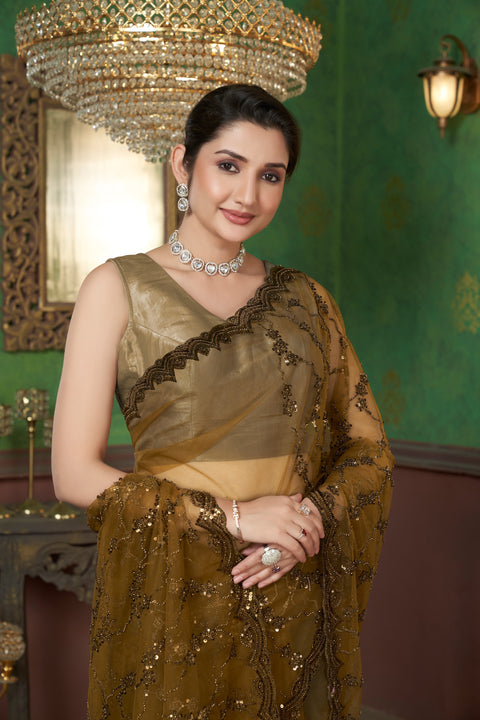 Royal Mustard Yellow Net Saree with Golden Glow