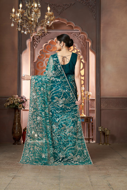 Golden Glow Teal Net Saree