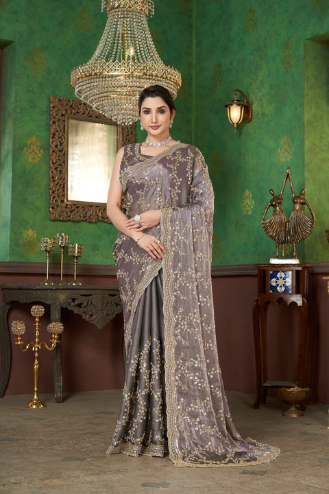 Pastel Lavender Organza Saree with Golden Elegance