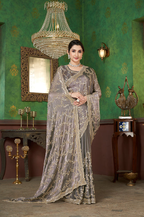 Pastel Lavender Organza Saree with Golden Elegance