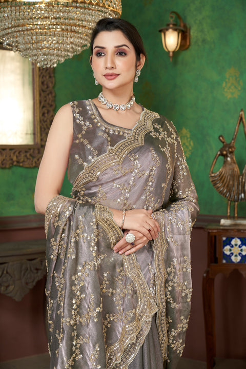 Pastel Lavender Organza Saree with Golden Elegance