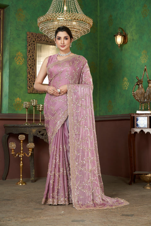 Smoky Pink Organza Saree with Golden Elegance