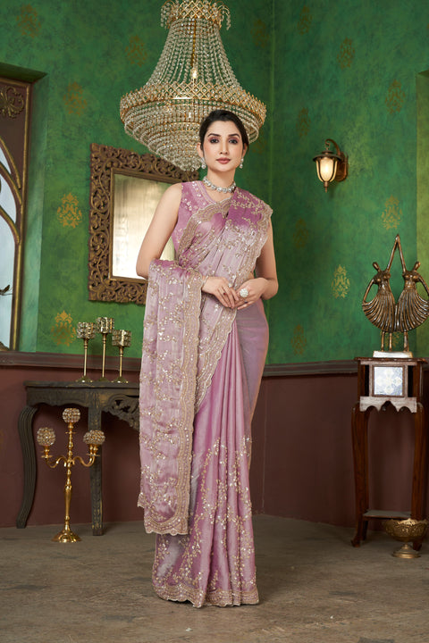 Smoky Pink Organza Saree with Golden Elegance