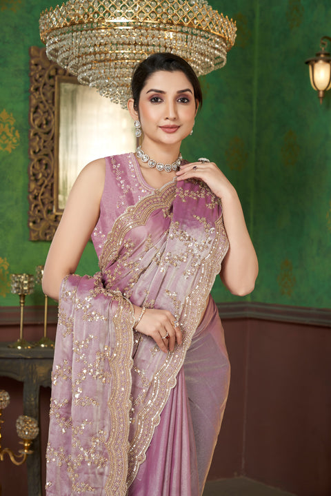 Smoky Pink Organza Saree with Golden Elegance