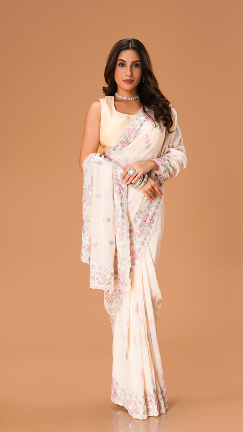 Stunning Cream Saree with Threadwork & Sequins