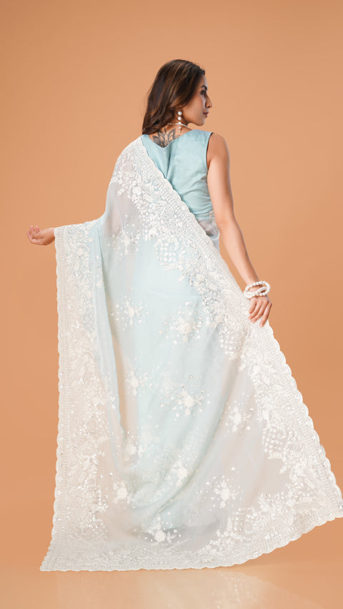 Elegant Sky Blue Organza Saree with Resham Embroidery and Sparkling Sequin Design