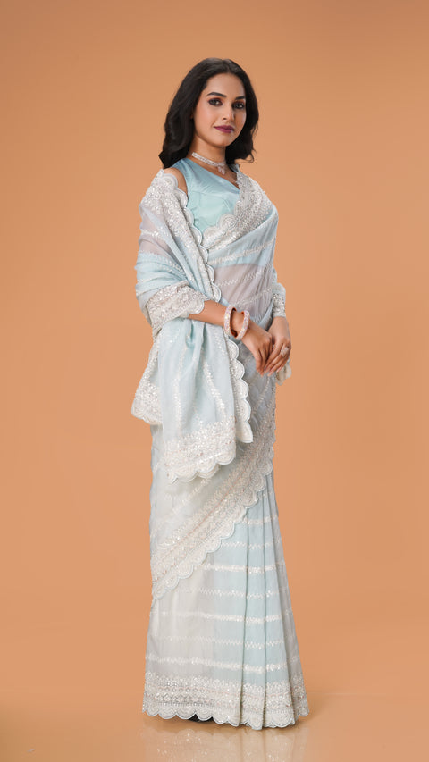 Sky Blue Sequin Designer Saree with White Sparkle Stones