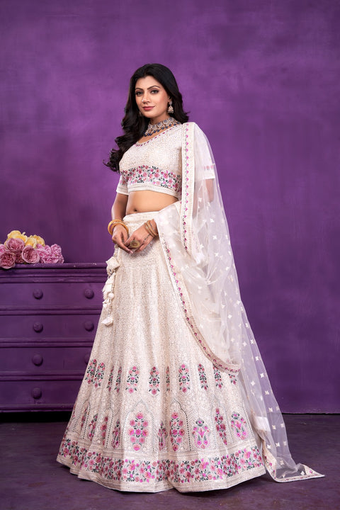 Cream White Lehenga in Resam