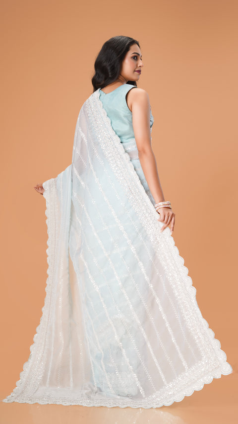 Sky Blue Sequin Designer Saree with White Sparkle Stones