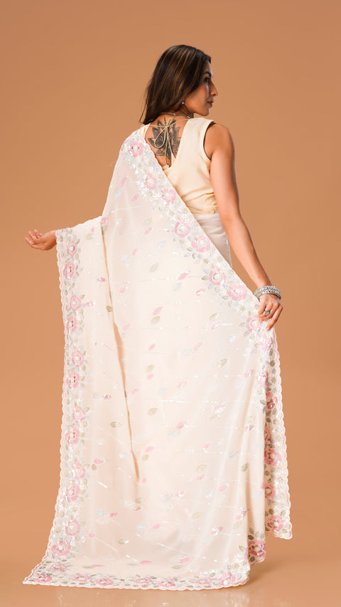 Stunning Cream Saree with Threadwork & Sequins