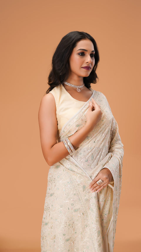 Graceful Cream Georgette Saree with Elegant Lucknowi Threadwork