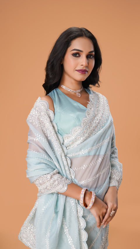 Sky Blue Sequin Designer Saree with White Sparkle Stones