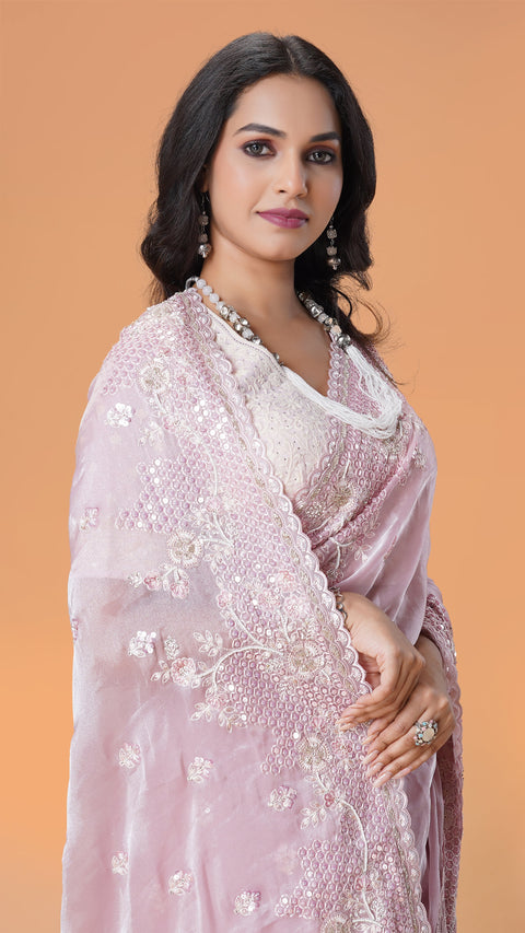 Blush Pink Organza Saree with Resham and Pearl Embroidery