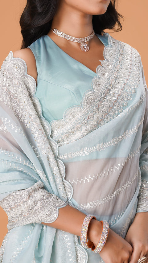 Sky Blue Sequin Designer Saree with White Sparkle Stones