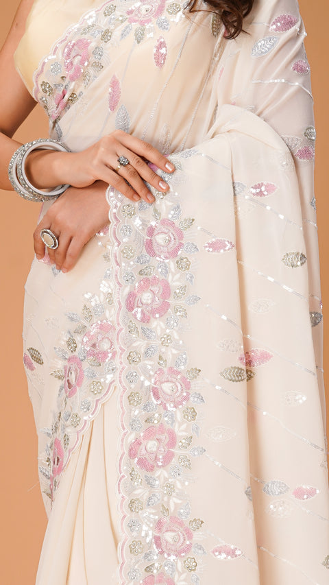 Stunning Cream Saree with Threadwork & Sequins