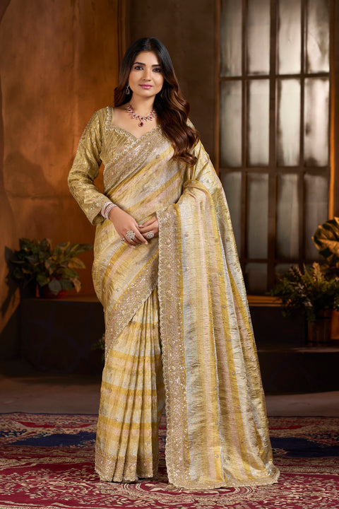 Golden Beige Embroidered Banarasi Saree