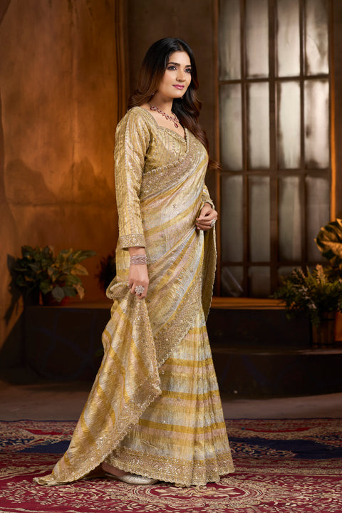 Golden Beige Embroidered Banarasi Saree