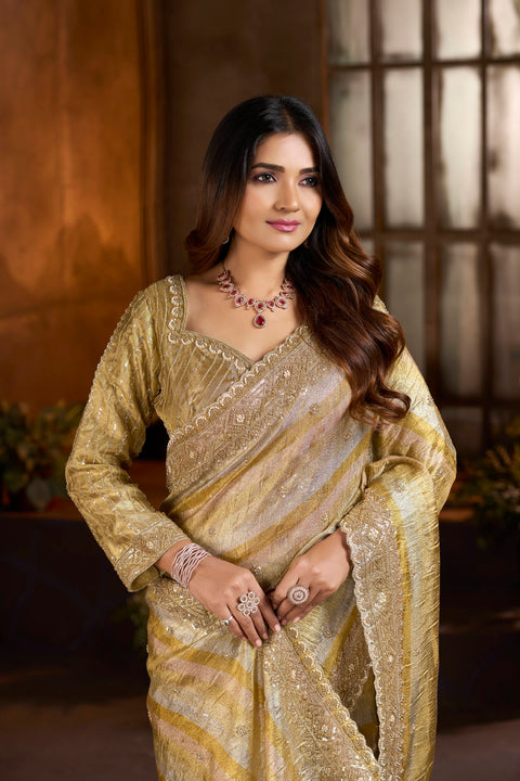 Golden Beige Embroidered Banarasi Saree