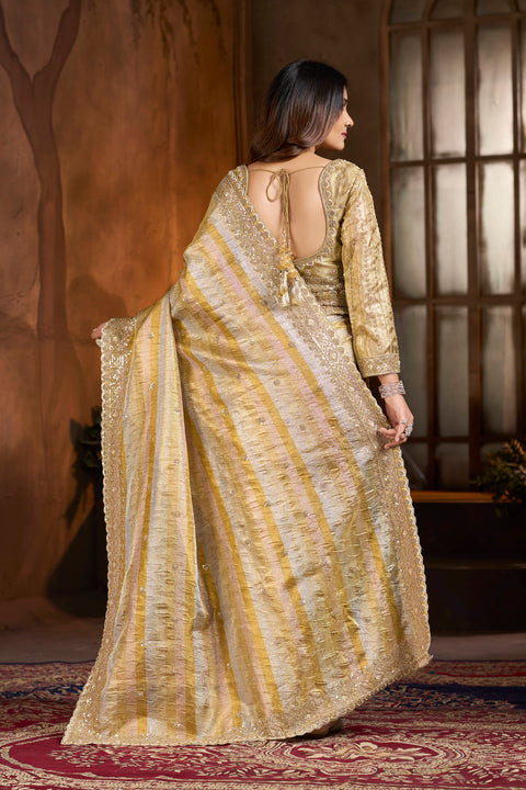 Golden Beige Embroidered Banarasi Saree