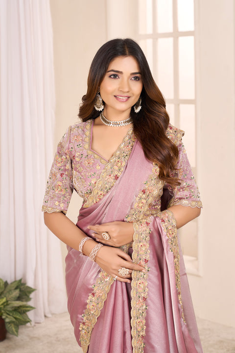 Dusty Rose Silk Saree with Heavy Zari