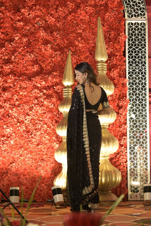 Black Sequins Saree with Gold Zari Boarder