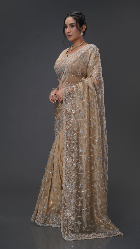 GOLD ORGENZA BEADS SAREE WITH BLOUSE