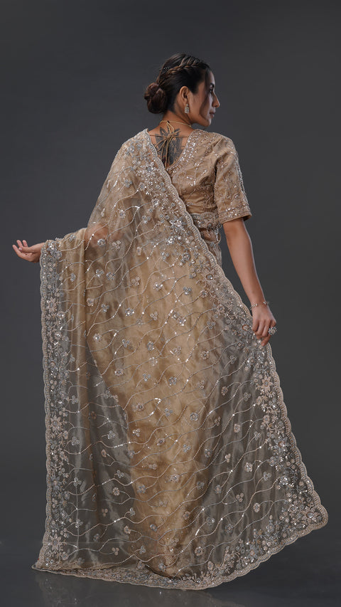 GOLD ORGENZA BEADS SAREE WITH BLOUSE