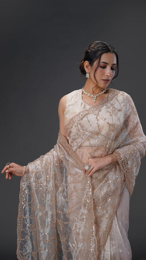 OFF WHITE GOLD BEADS SEQUINS ORGENZA SAREE