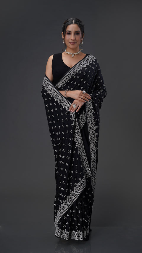 Black Satin Saree with Stunning Stone Work