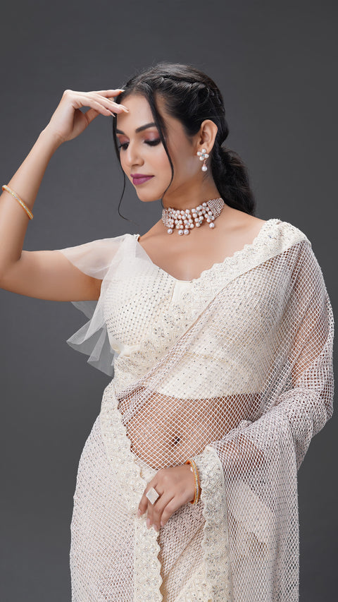 WHITE FANCY NET SAREE