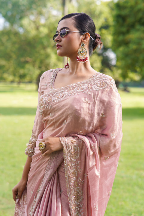 Pink Saree with Gleaming Beads Pink & white Edition