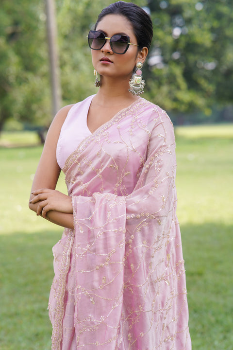 Blush Glow – Pink Saree with Sequin & Beads